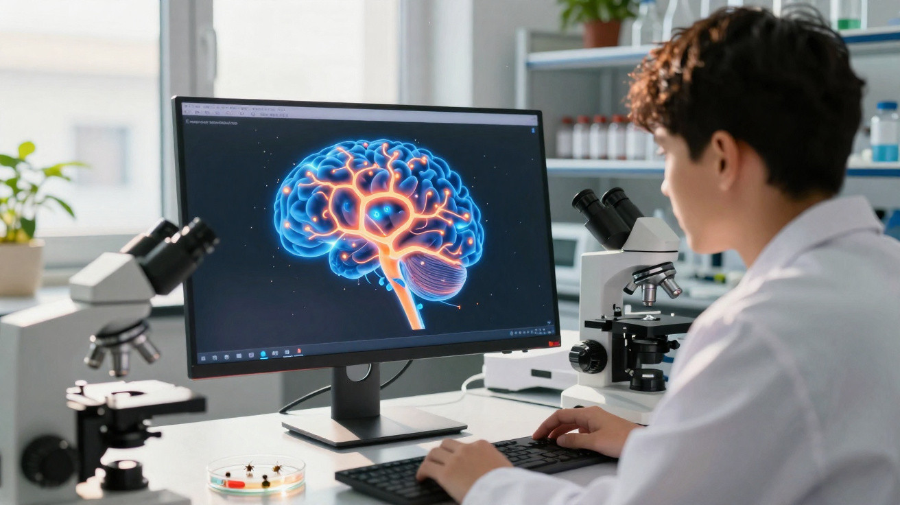 Cientista em laboratório a analisar imagem digital do cérebro humano num ecrã de computador.