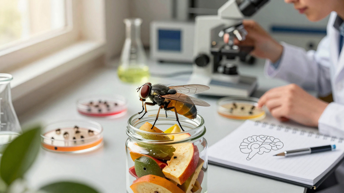 Mosca sobre frascos com fatias de maça em laboratório com cientista ao fundo.
