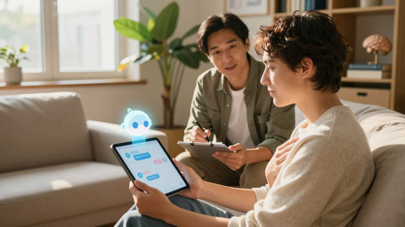Duas pessoas conversam numa sala, uma segura um tablet com chatbot holográfico e a outra faz anotações num caderno.