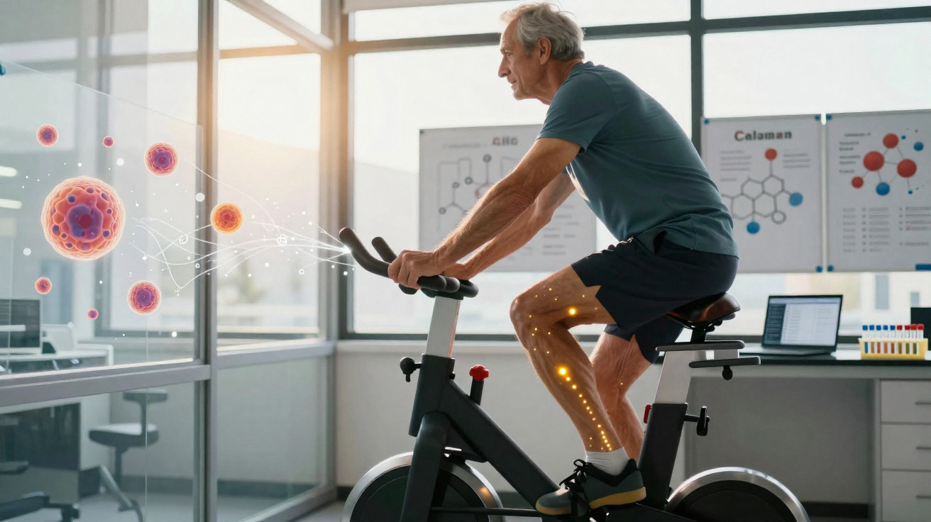 Homem sénior a pedalar numa bicicleta estática num laboratório moderno com gráficos de células e moléculas.
