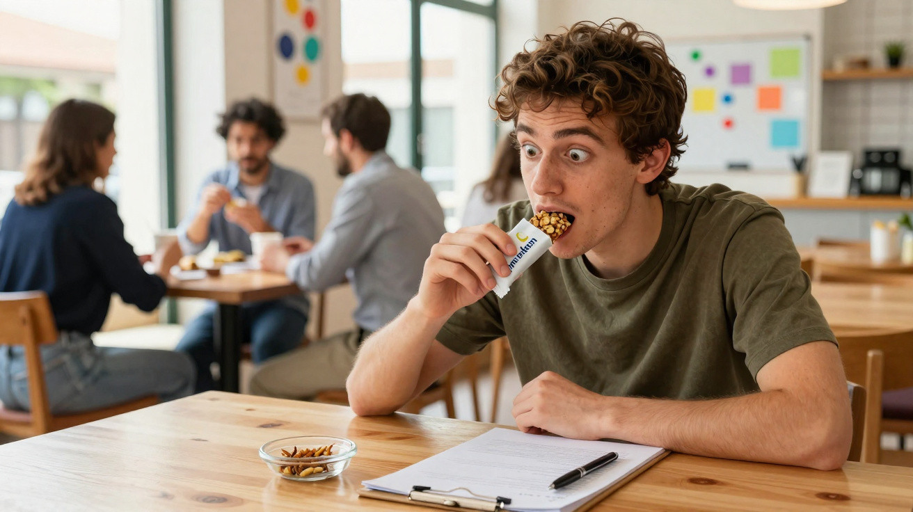 Jovem sentado a comer barra de cereais numa mesa com outros quatro adultos ao fundo a conversar.