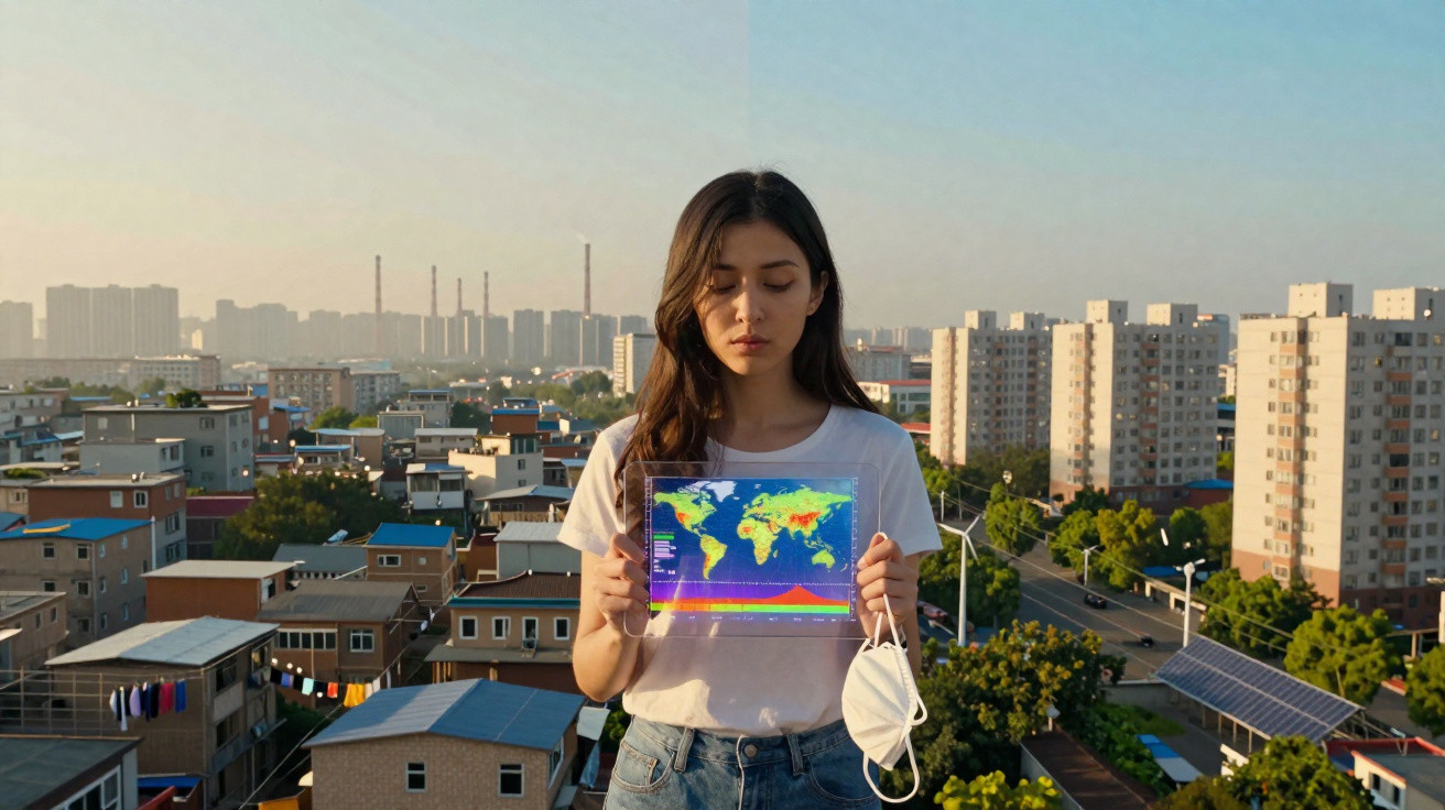 Mulher numa varanda urbana segura mapa climático e máscara, simbolizando preocupação ambiental e saúde.