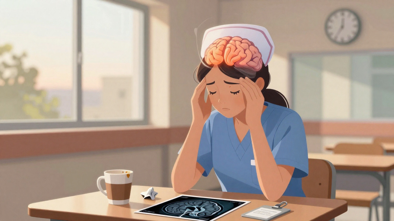 Enfermeira cansada com stress, mãos na cabeça e imagem de cérebro em destaque, sentado numa sala.