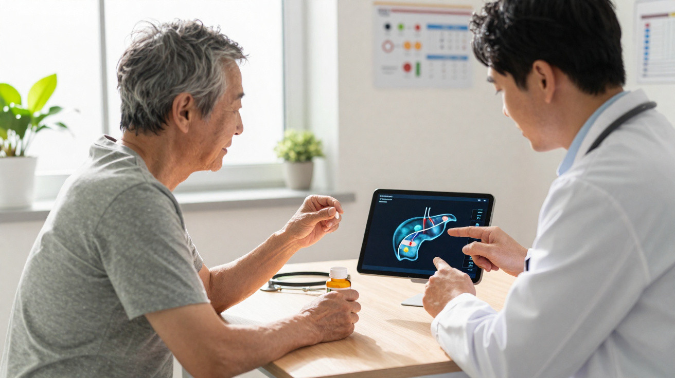 Médico a explicar diagnóstico de fígado ao paciente idoso, mostrando imagem num tablet numa consulta.