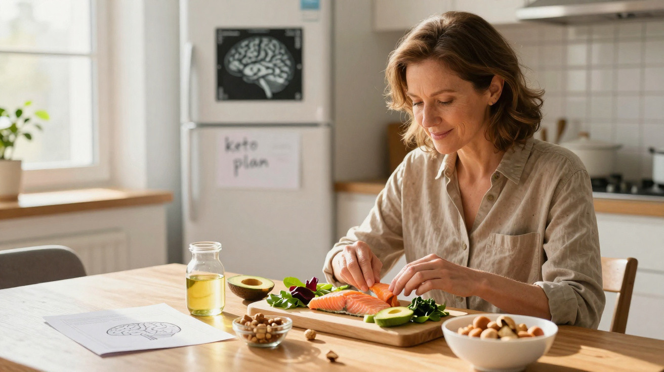 Mulher sentada à mesa a preparar refeição saudável com salmão, abacate e frutos secos numa cozinha bem iluminada.