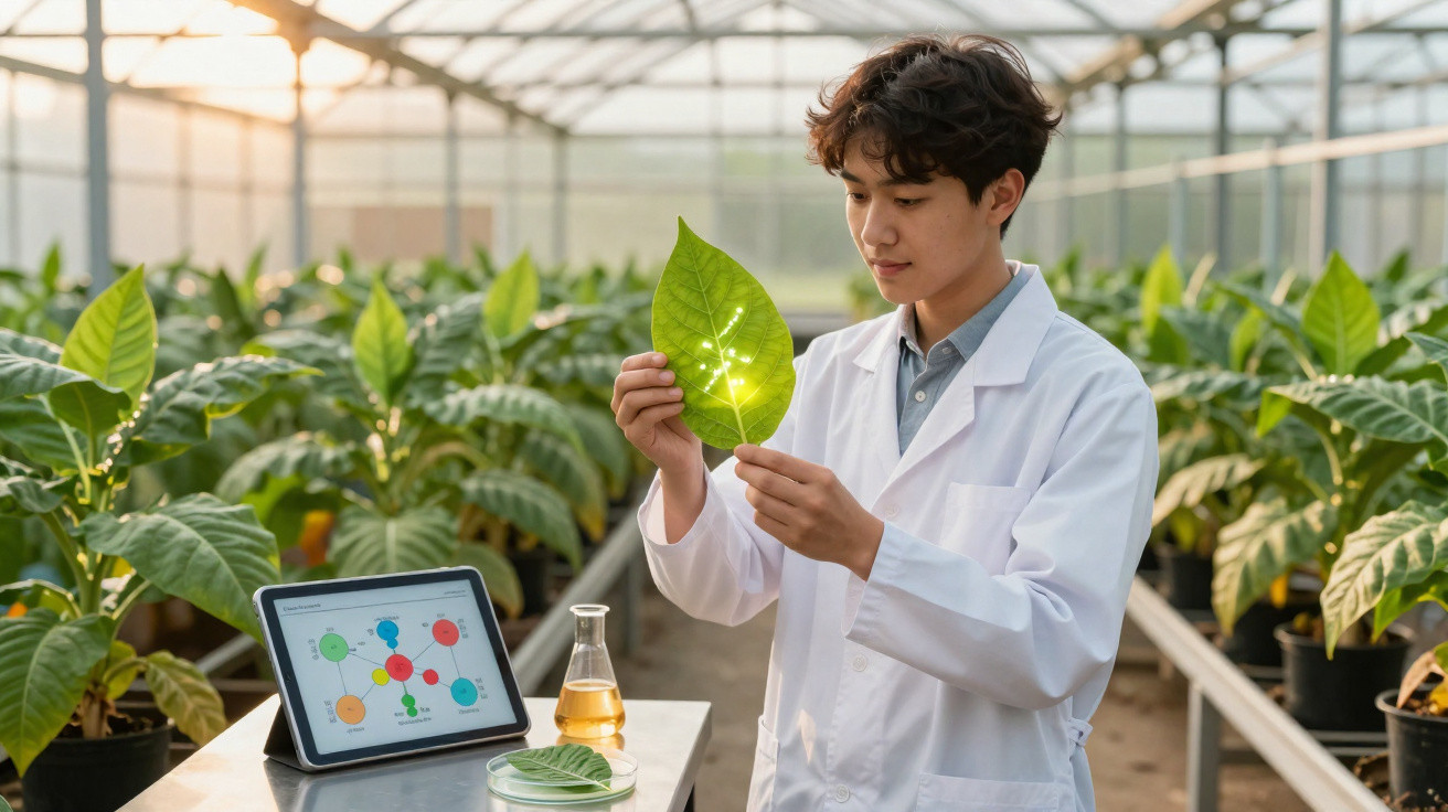 Cientista em estufa examina folha verde, com tablet e utensílios de laboratório sobre mesa ao lado.