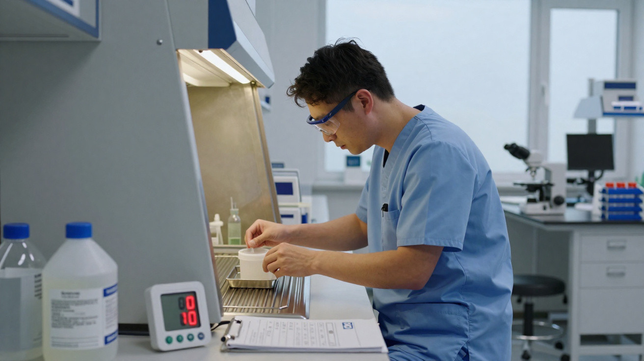 Cientista com bata azul e óculos de proteção trabalha em laboratório moderno com equipamentos e frascos.