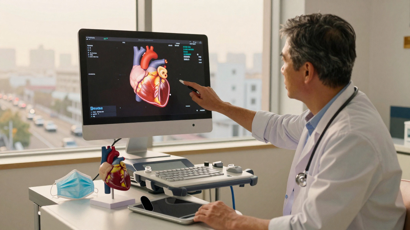 Médico em consultório a analisar imagem digital de coração numa tela de computador.