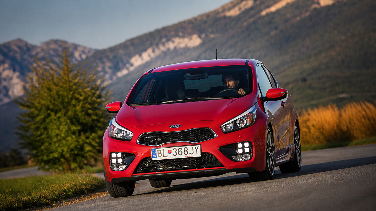Carro vermelho Kia em estrada rural com montanhas e vegetação ao fundo ao entardecer.
