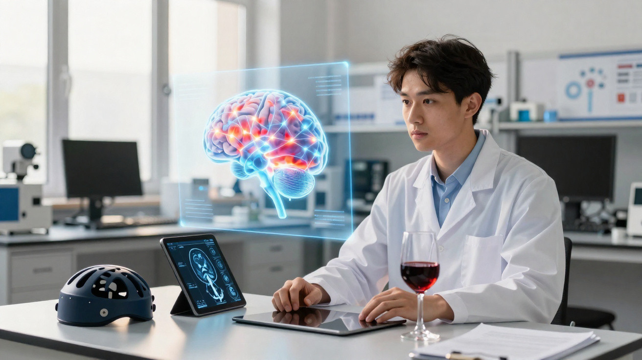 Cientista em laboratório analisa holograma 3D de cérebro com tablet e capacete neurológico à mesa.