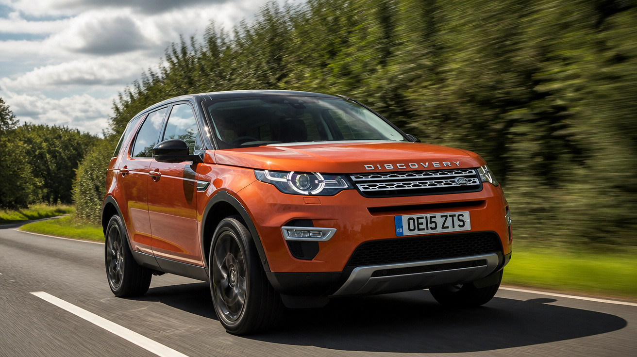 Carro Land Rover Discovery Sport laranja em movimento numa estrada rodeada de árvores.