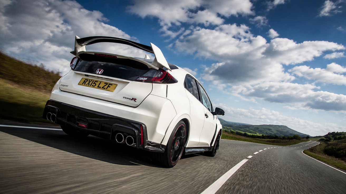 Carro desportivo branco Honda Civic Type R a alta velocidade numa estrada sinuosa com céu parcialmente nublado.