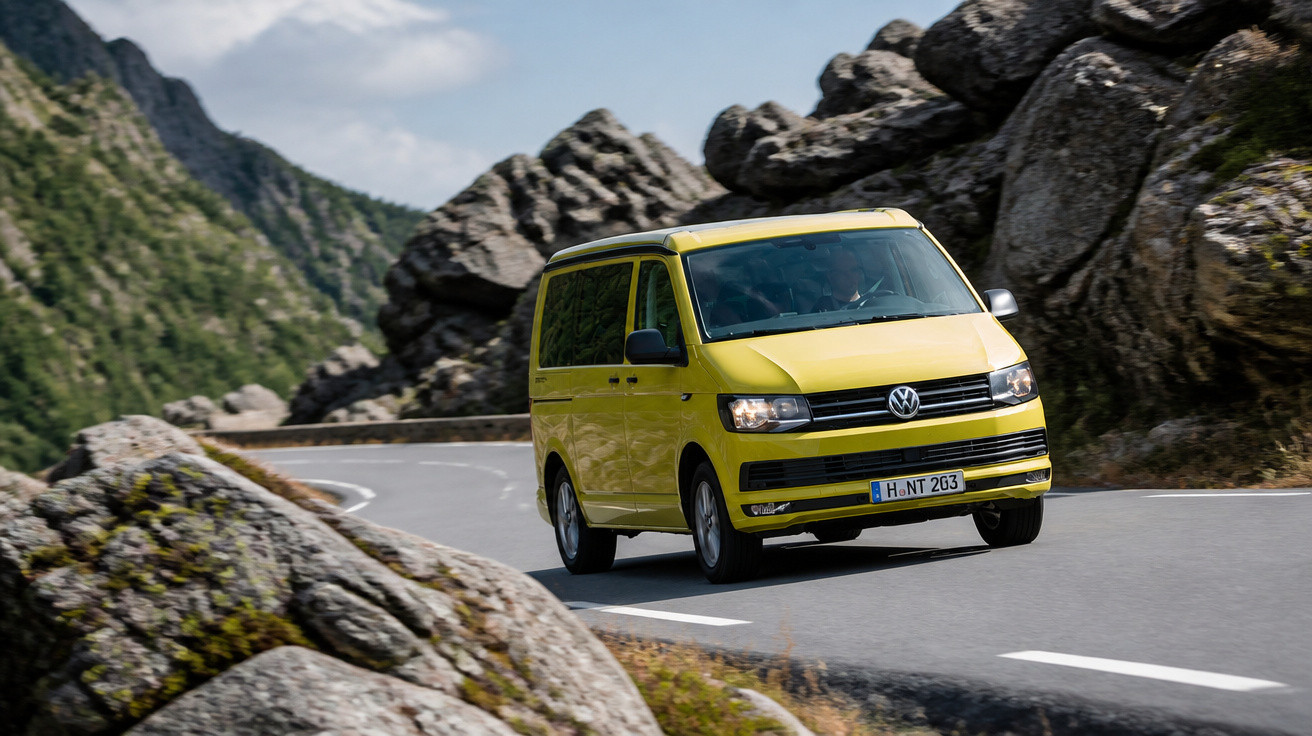 Carrinha Volkswagen amarela a conduzir numa estrada sinuosa entre montanhas rochosas.