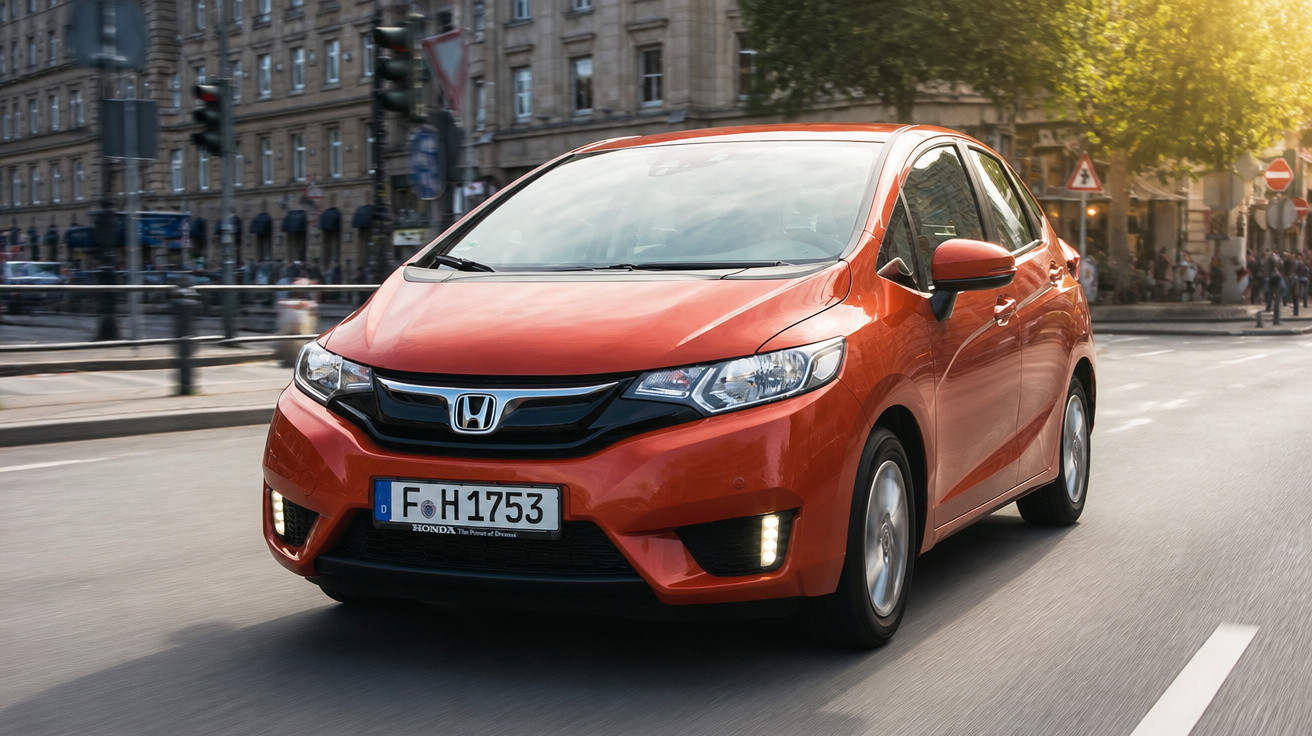 Carro Honda vermelho a circular numa rua movimentada de uma cidade com prédios antigos ao fundo.