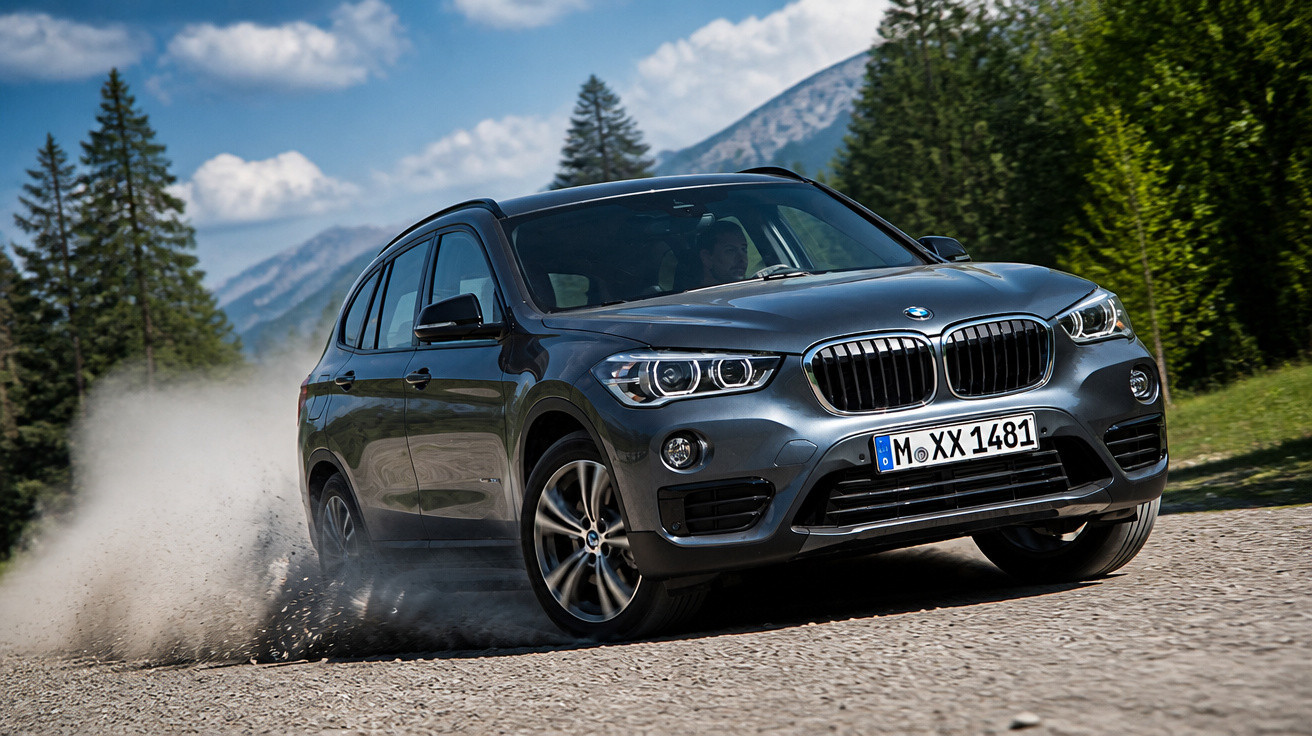 Carro BMW cinzento a conduzir numa estrada de gravilha com nuvens de pó e árvores ao fundo.