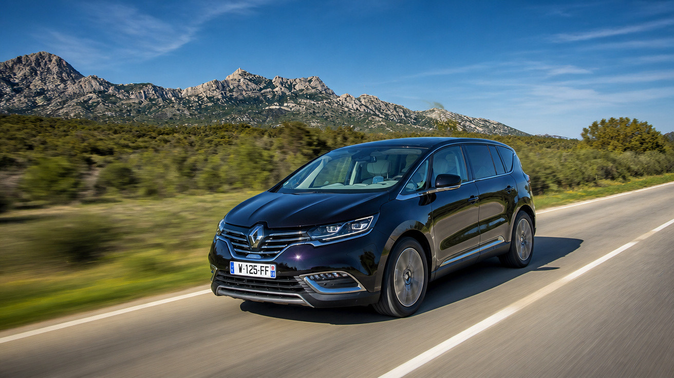 Carro preto Renault em movimento numa estrada rodeada de vegetação e montanhas ao fundo.