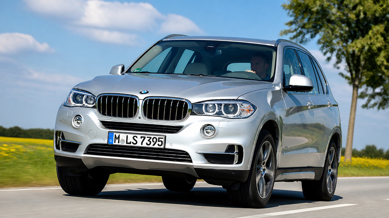 Carro BMW SUV prata a circular numa estrada rural com céu azul e árvores ao fundo.