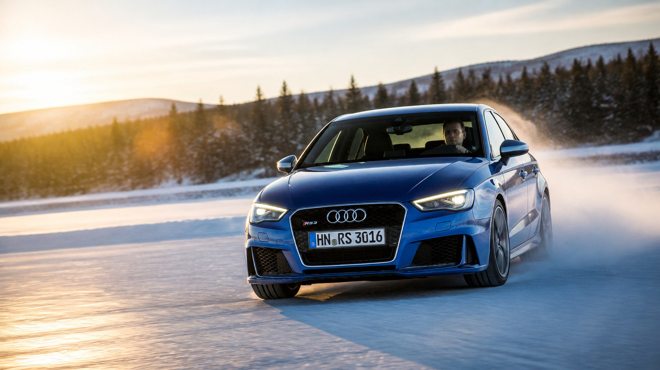 Carro azul Audi RS3 a desfilar numa estrada coberta de neve ao pôr do sol com árvores ao fundo.