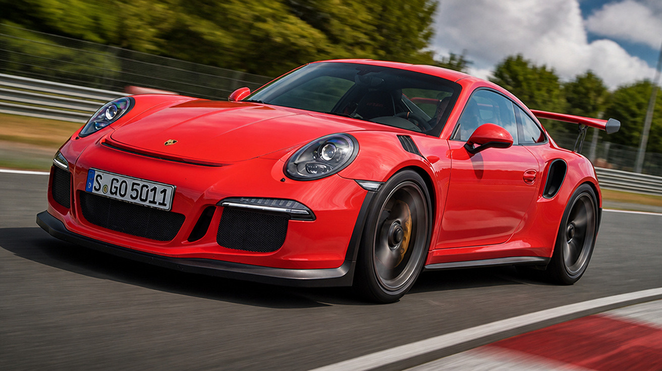 Carro desportivo vermelho a alta velocidade numa curva numa pista de corrida.