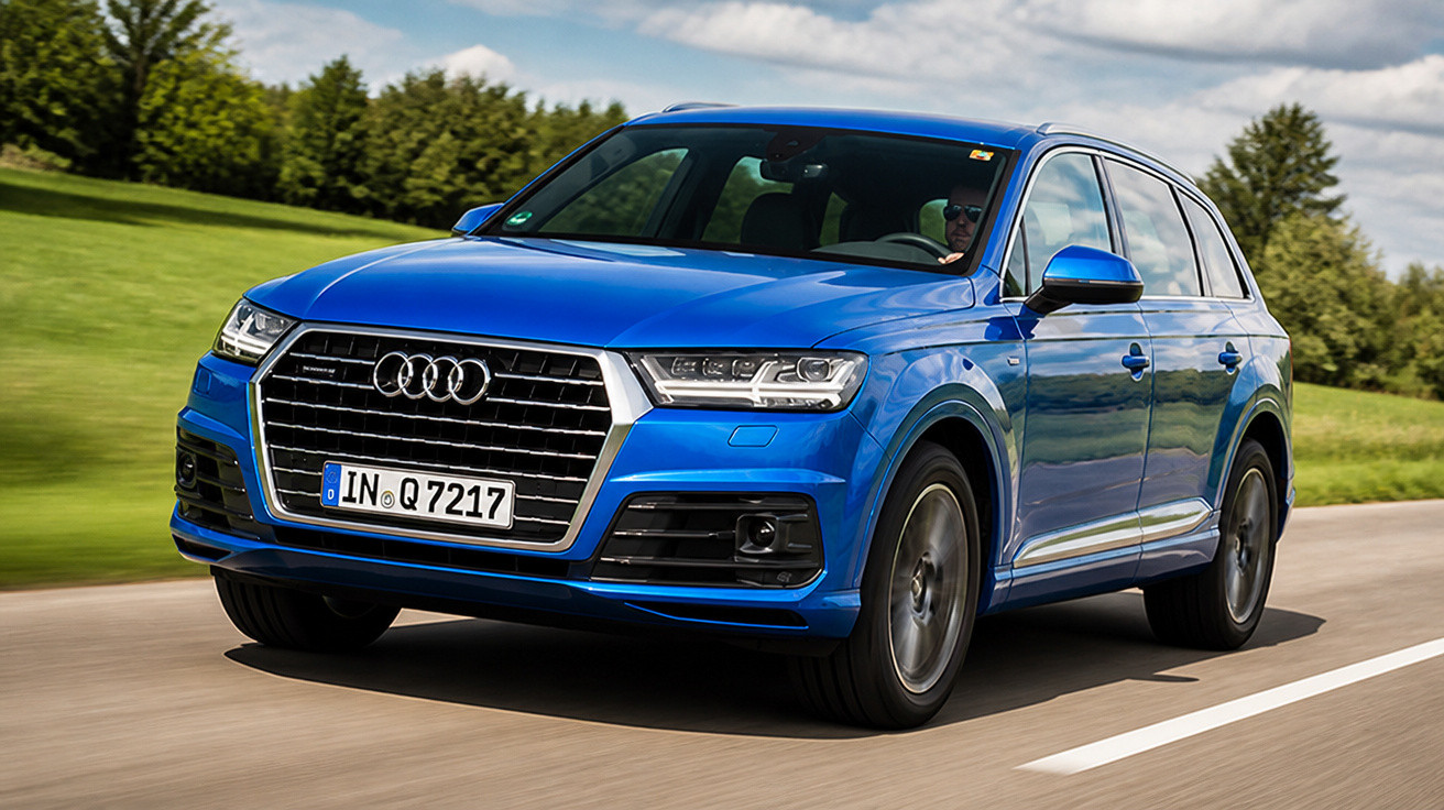 Carro Audi Q7 azul a circular numa estrada rodeada de campos verdes e céu nublado.