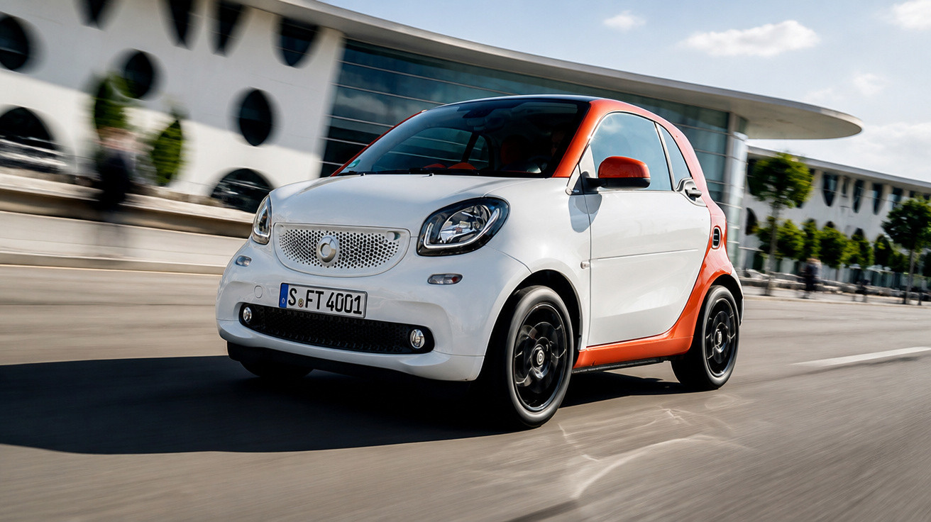 Carro compacto elétrico branco e laranja circulando numa estrada urbana moderna.