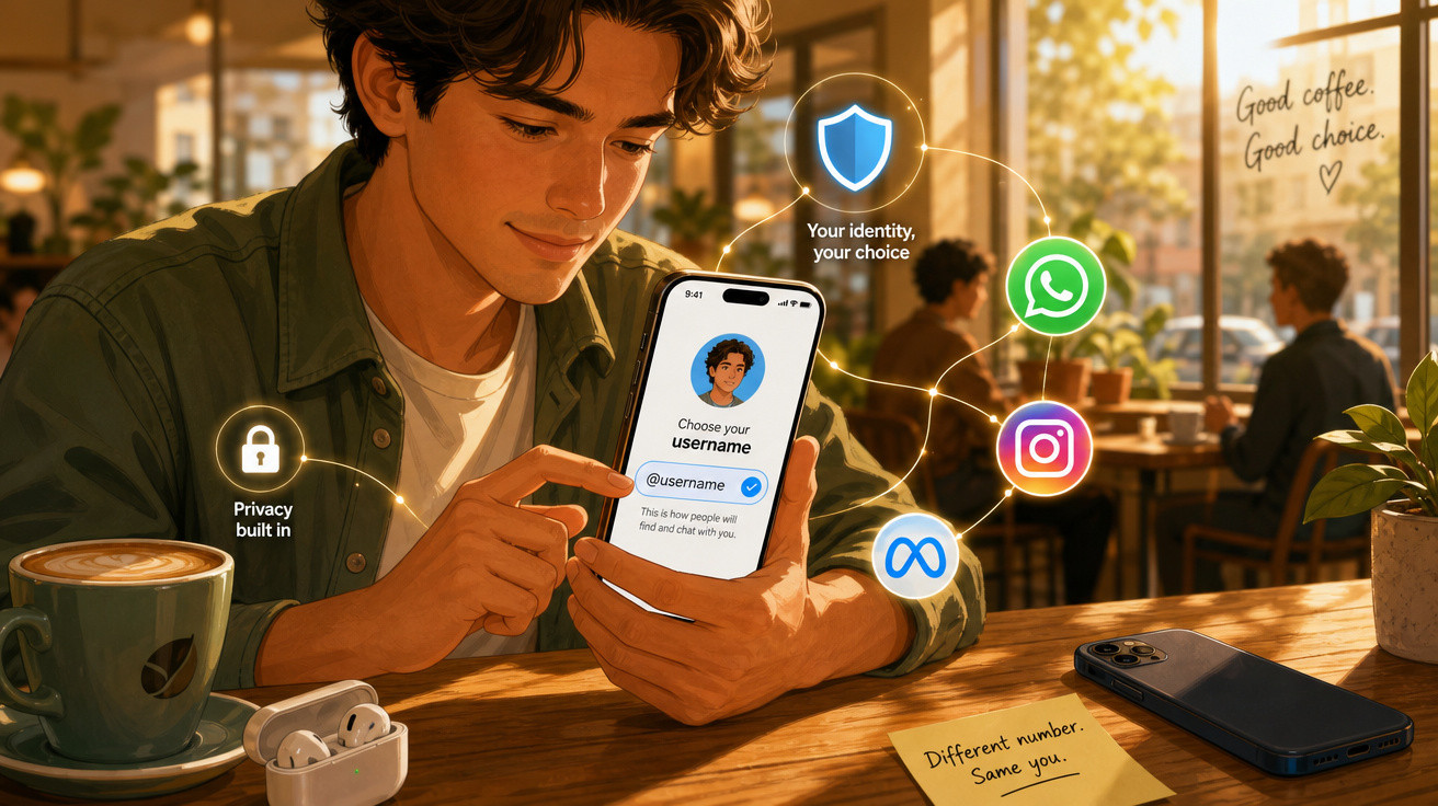 Homem sentado numa cafetaria a escolher nome de utilizador num telemóvel rodeado por ícones de redes sociais.