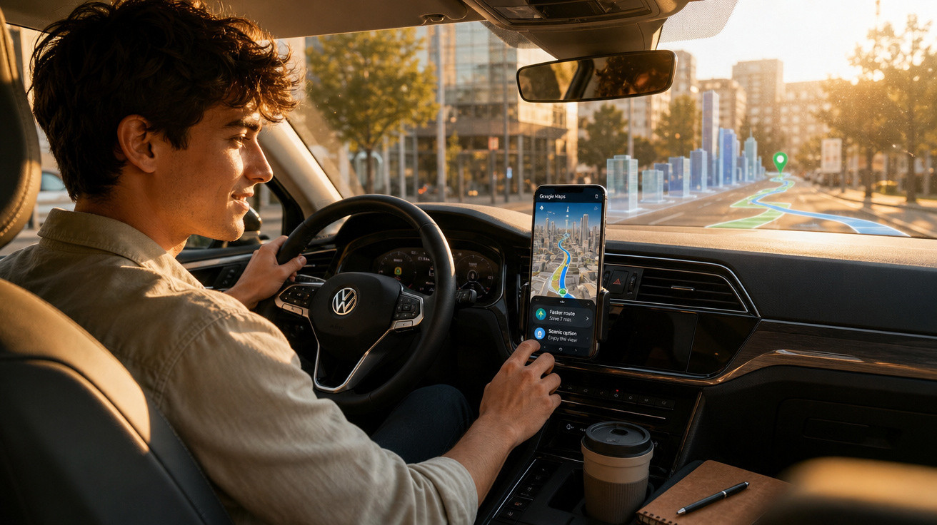 Homem a conduzir carro Volkswagen com aplicação de navegação ativa no telemóvel e percurso virtual no para-brisas.