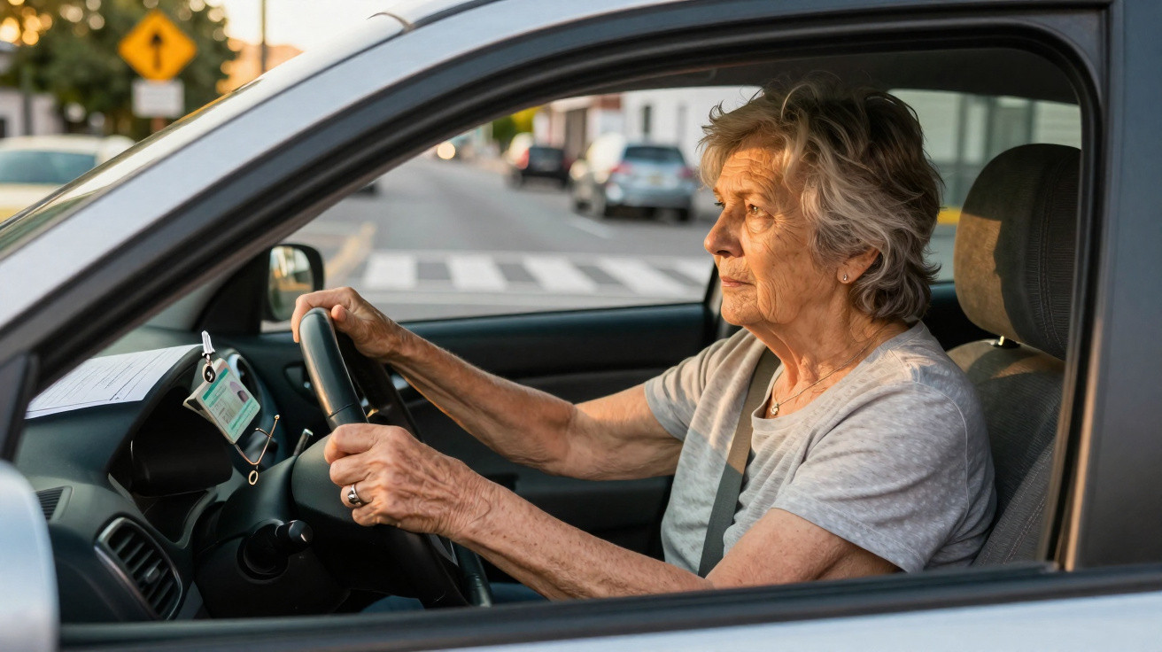 Mulher idosa a conduzir um carro, a olhar concentrada para a frente numa rua com passadeira.