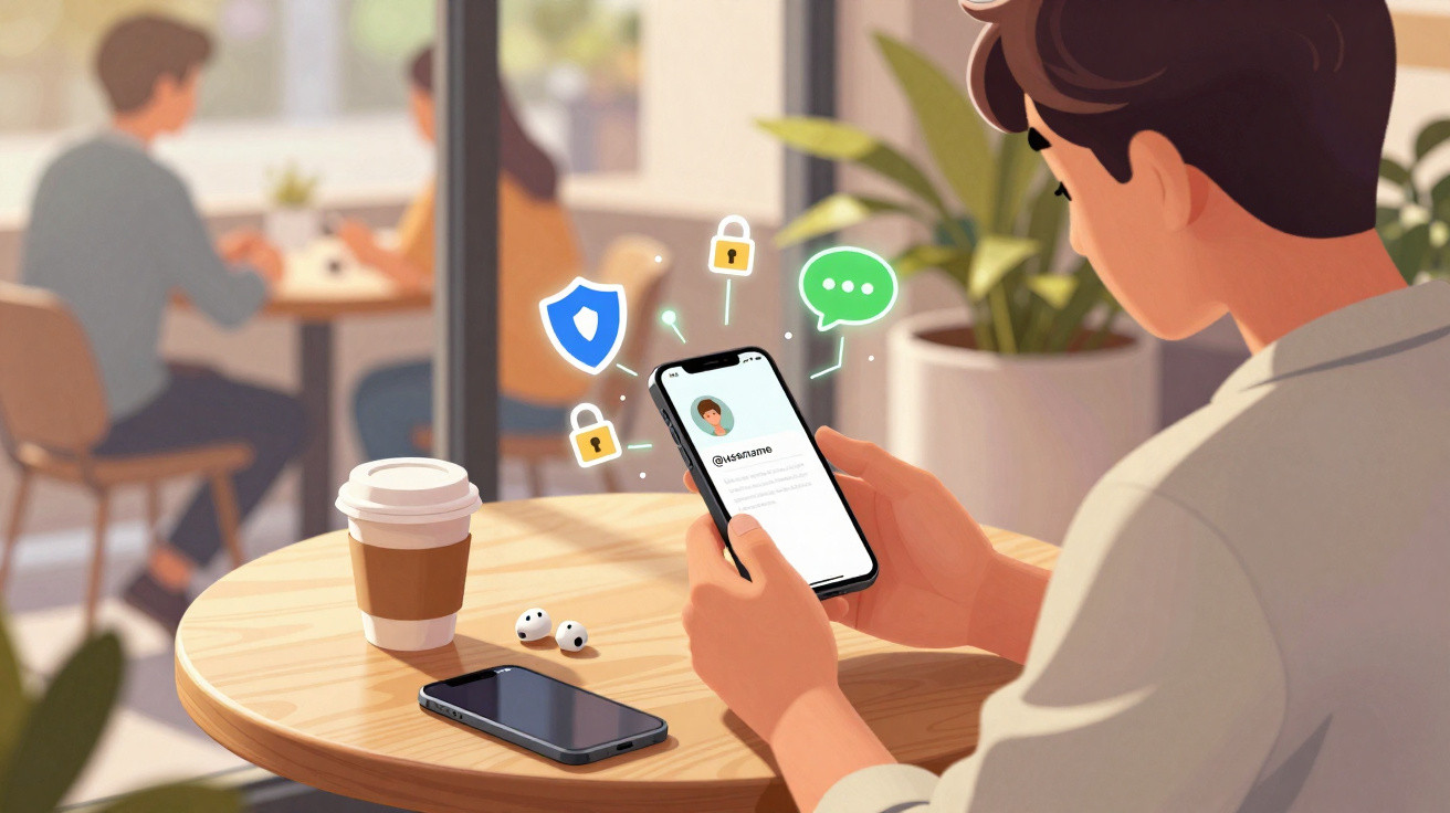 Pessoa a usar um smartphone numa mesa de café, com ícones de segurança digital a surgir no ecrã.