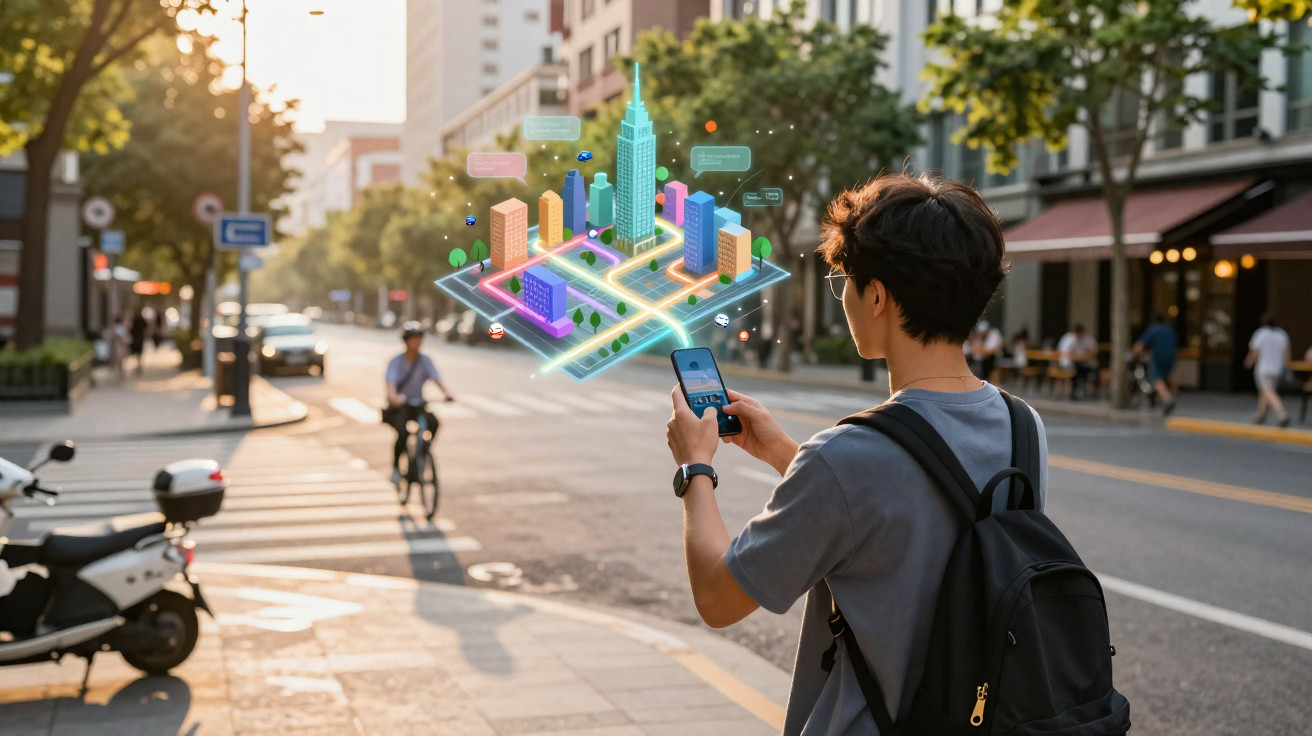 Pessoa jovem usa smartphone para visualizar mapa virtual 3D de cidade em rua urbana ensolarada.