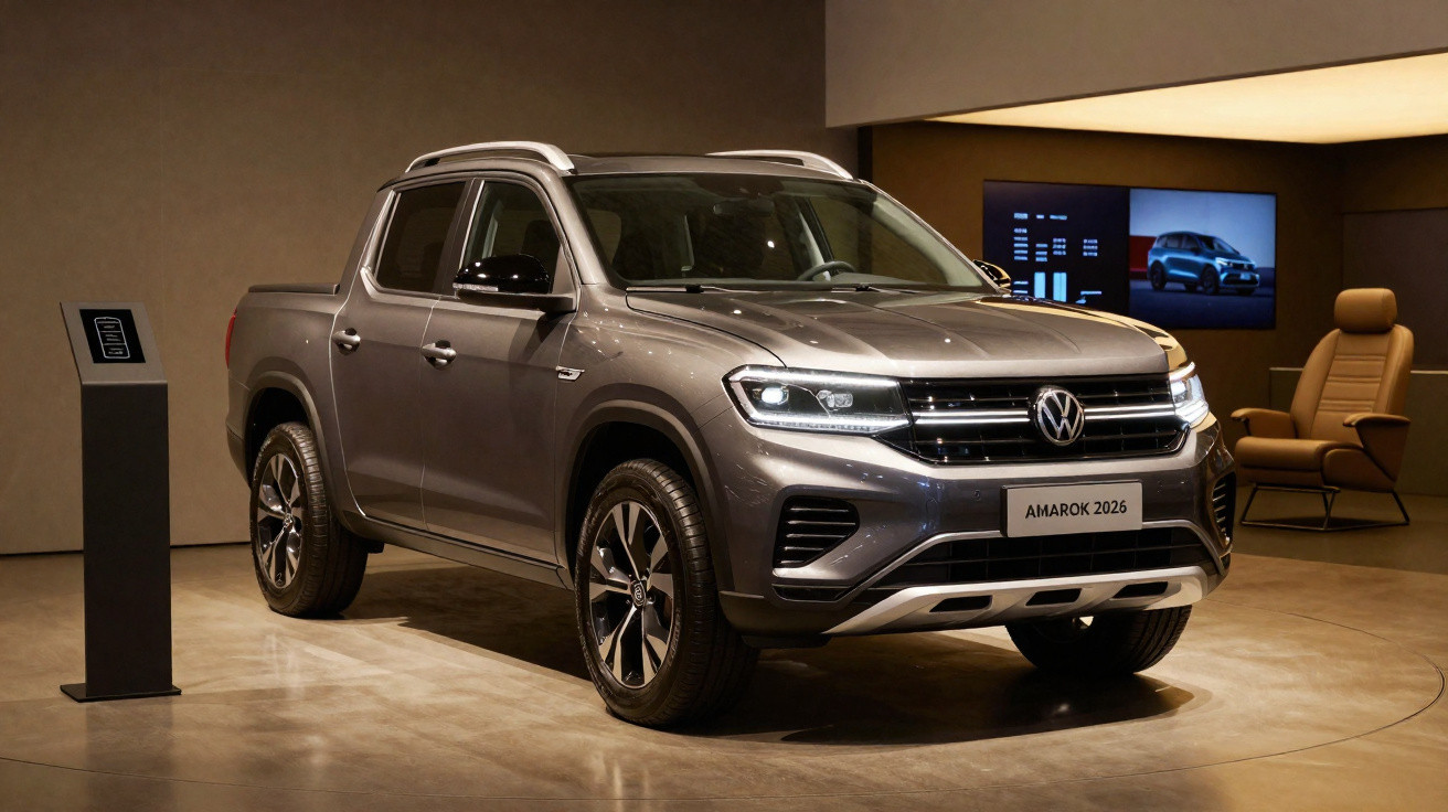 Pick-up Volkswagen Amarok 2026 cinzenta exposta numa sala moderna com cadeirão castanho ao fundo.