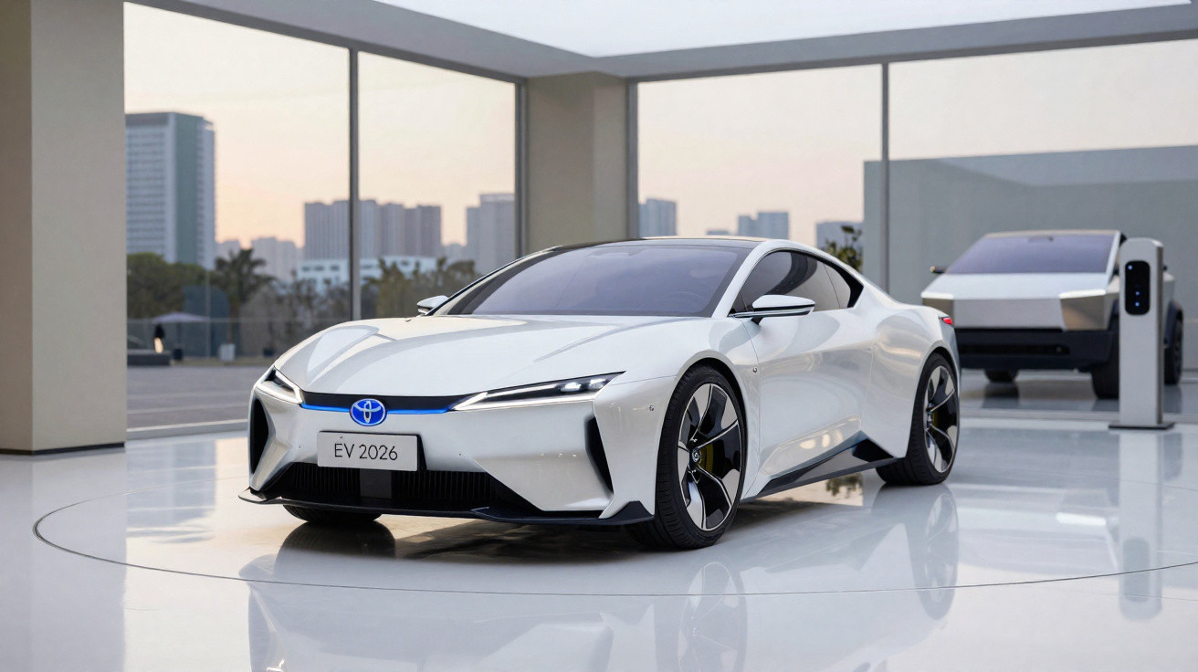 Carro desportivo elétrico branco Toyota EV 2026 num espaço interior moderno com vidros grandes.
