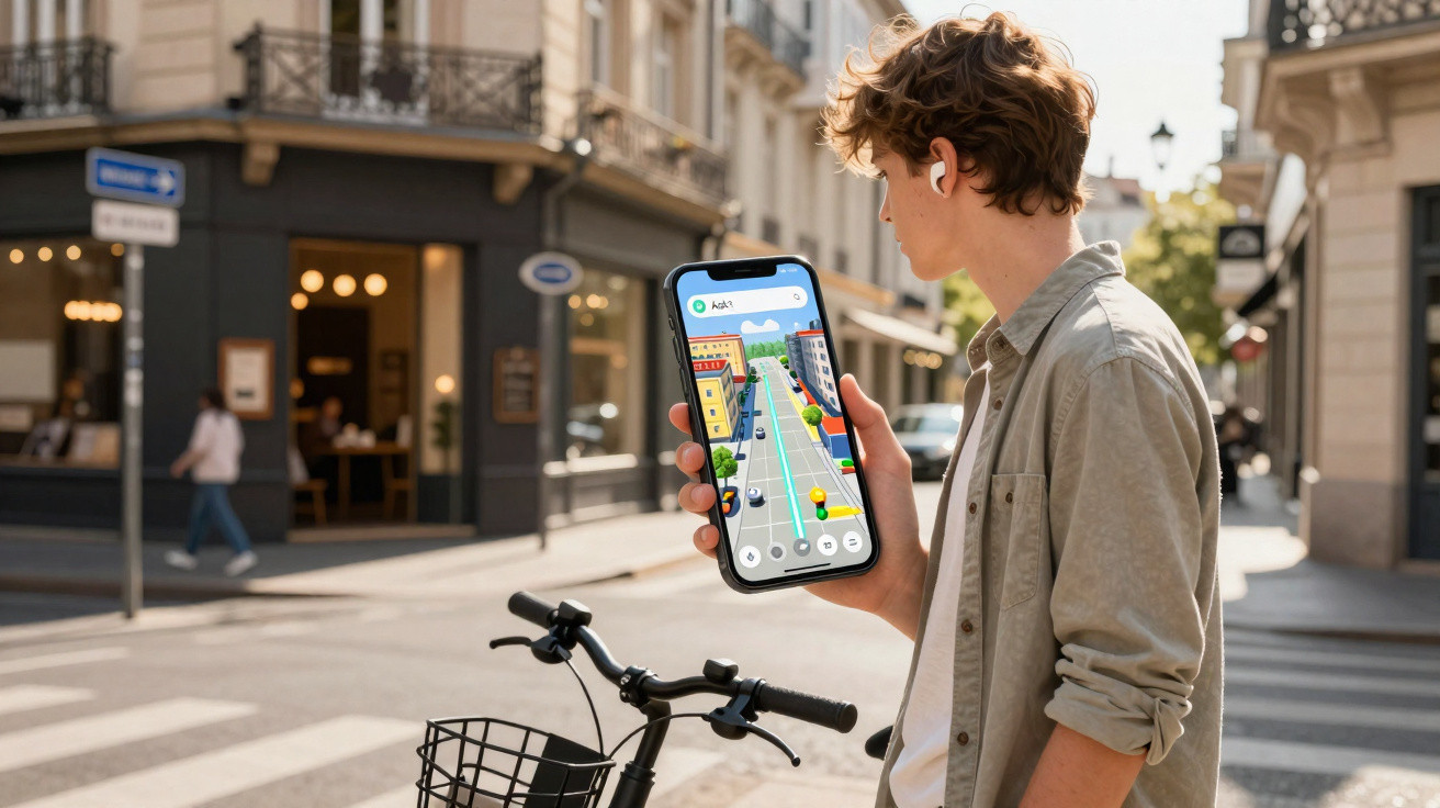 Jovem com auscultadores segura telemóvel com aplicação de navegação, ao lado de bicicleta numa rua citadina.