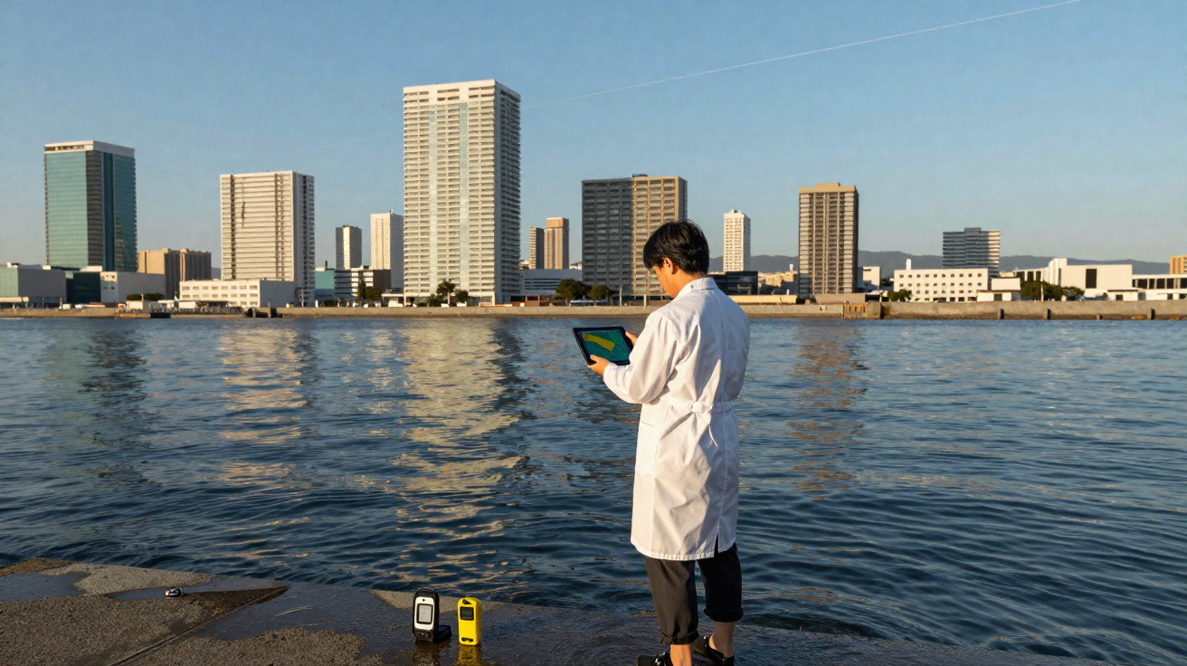 Cientista de bata branca a realizar medições junto a um rio com edifícios altos ao fundo ao pôr do sol.