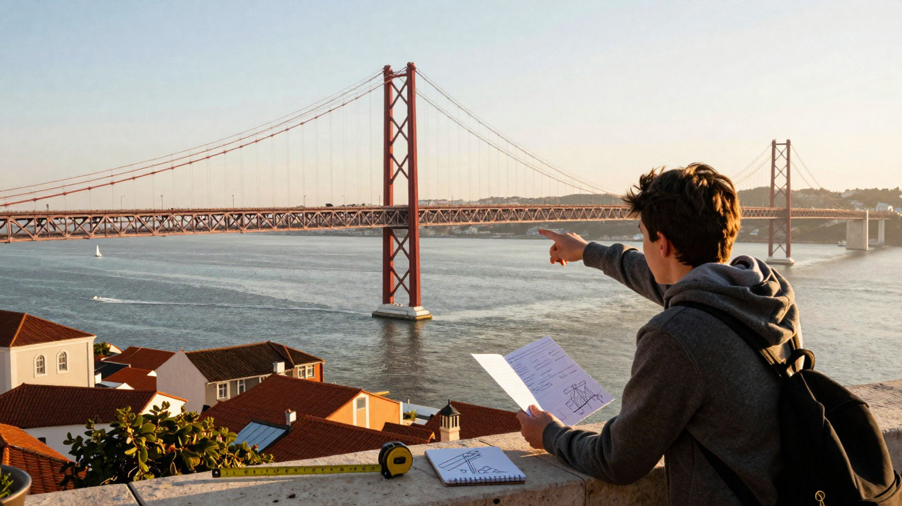 Jovem com mochila observa e aponta para a ponte 25 de Abril sobre o rio Tejo, em Lisboa, ao pôr do sol.