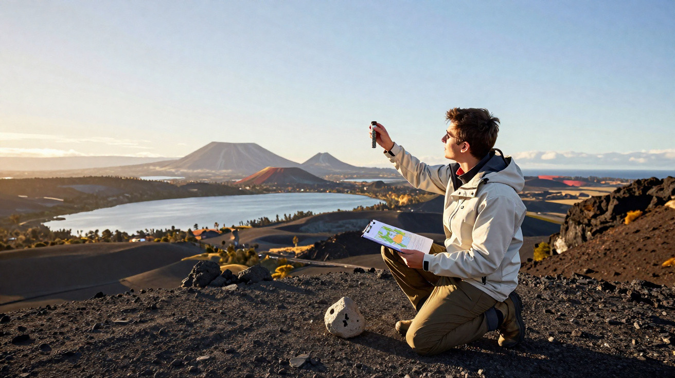 Pessoa com mapa observa paisagem de montanhas e lago ao pôr do sol num terreno árido e rochoso.