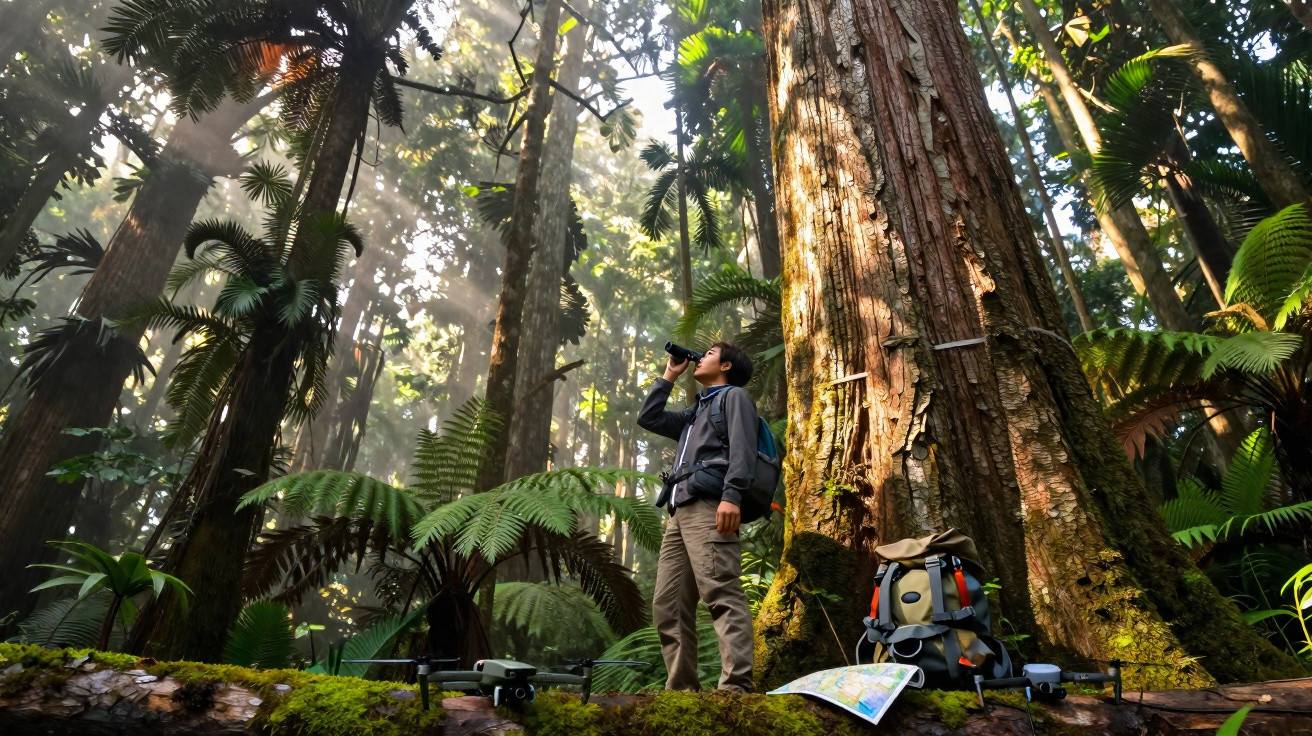 Homem observa com binóculos floresta densa, com mochila, mapa e drone no chão coberto de musgo.