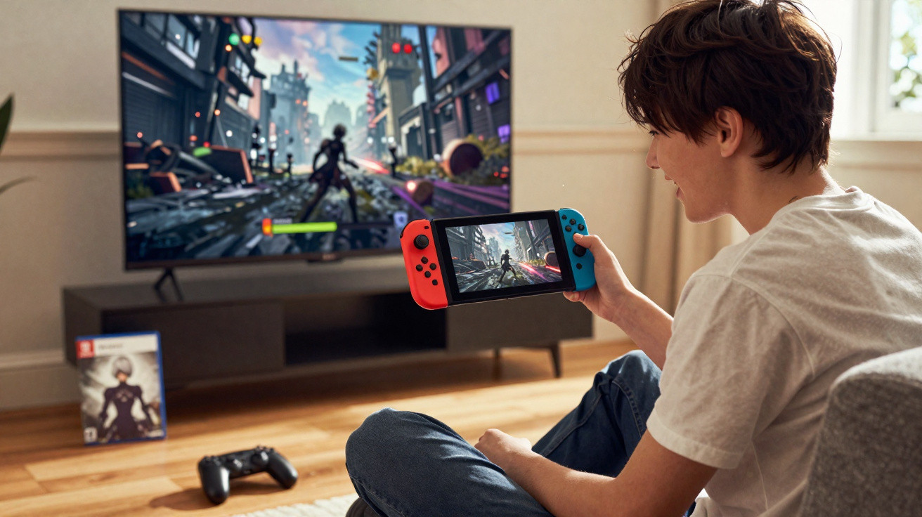 Rapaz sentado no chão a jogar videojogo numa consola portátil ligada a uma televisão grande.
