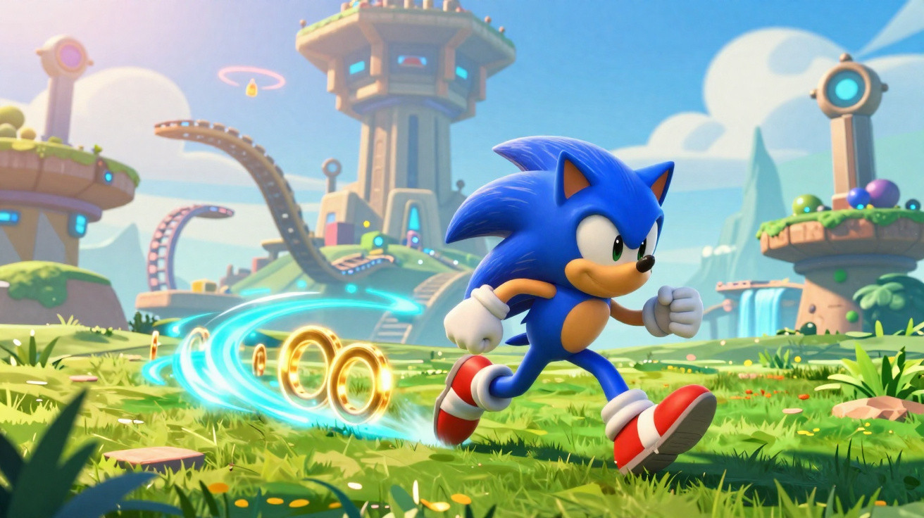 Sonic azul a correr lentamente no meio de anéis dourados num ambiente colorido e futurista.