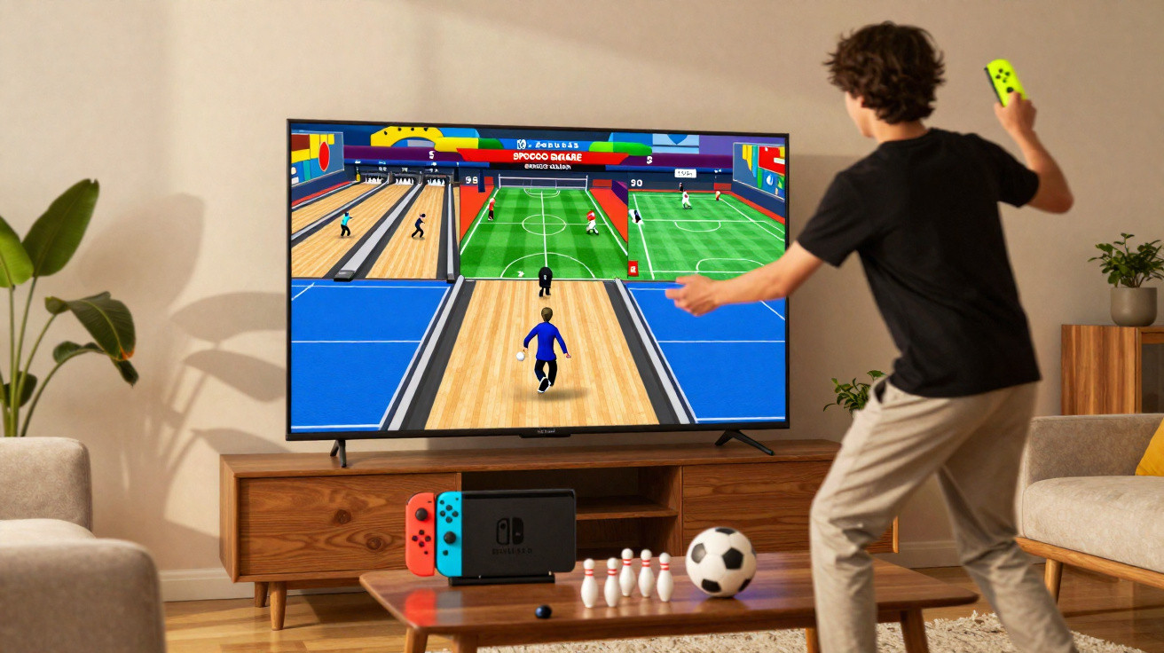Jovem a jogar videojogo de bowling e futebol numa consola Nintendo Switch numa sala de estar moderna.