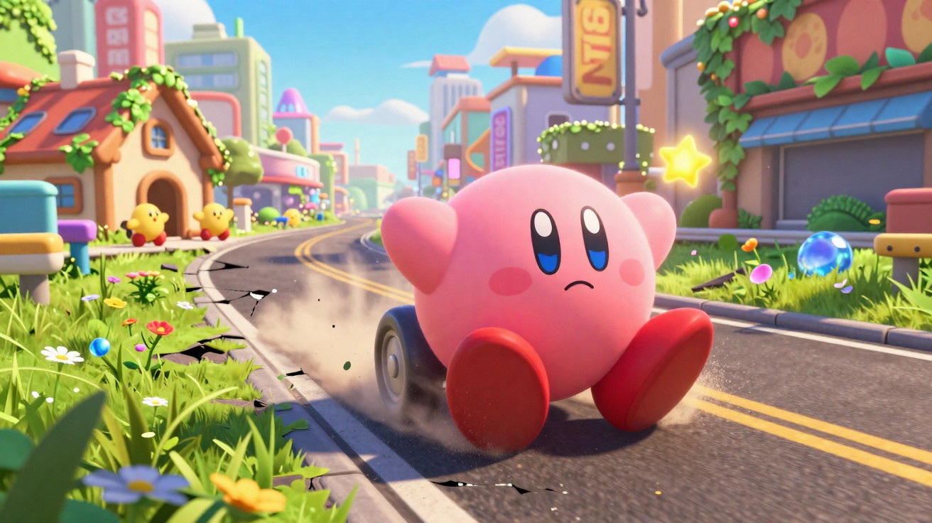 Kirby cor-de-rosa a deslizar numa estrada numa cidade colorida com casas e vegetação ao redor.