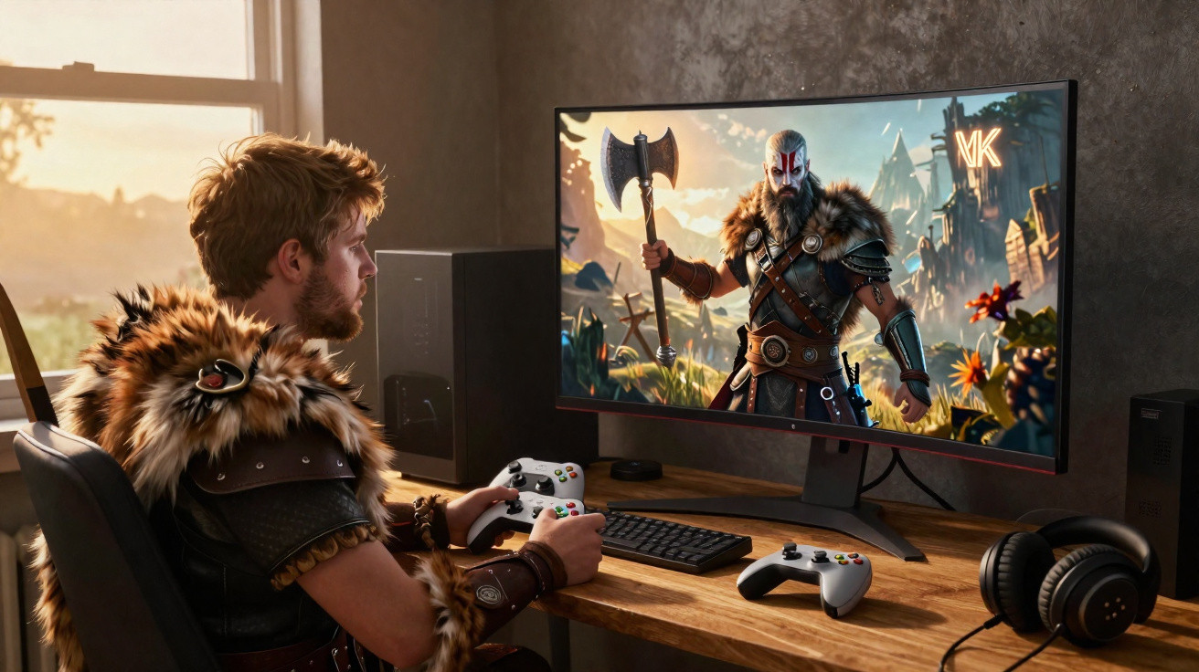 Homem vestido como viking joga videojogo de ambiente nórdico a partir de monitor curvo num escritório iluminado.