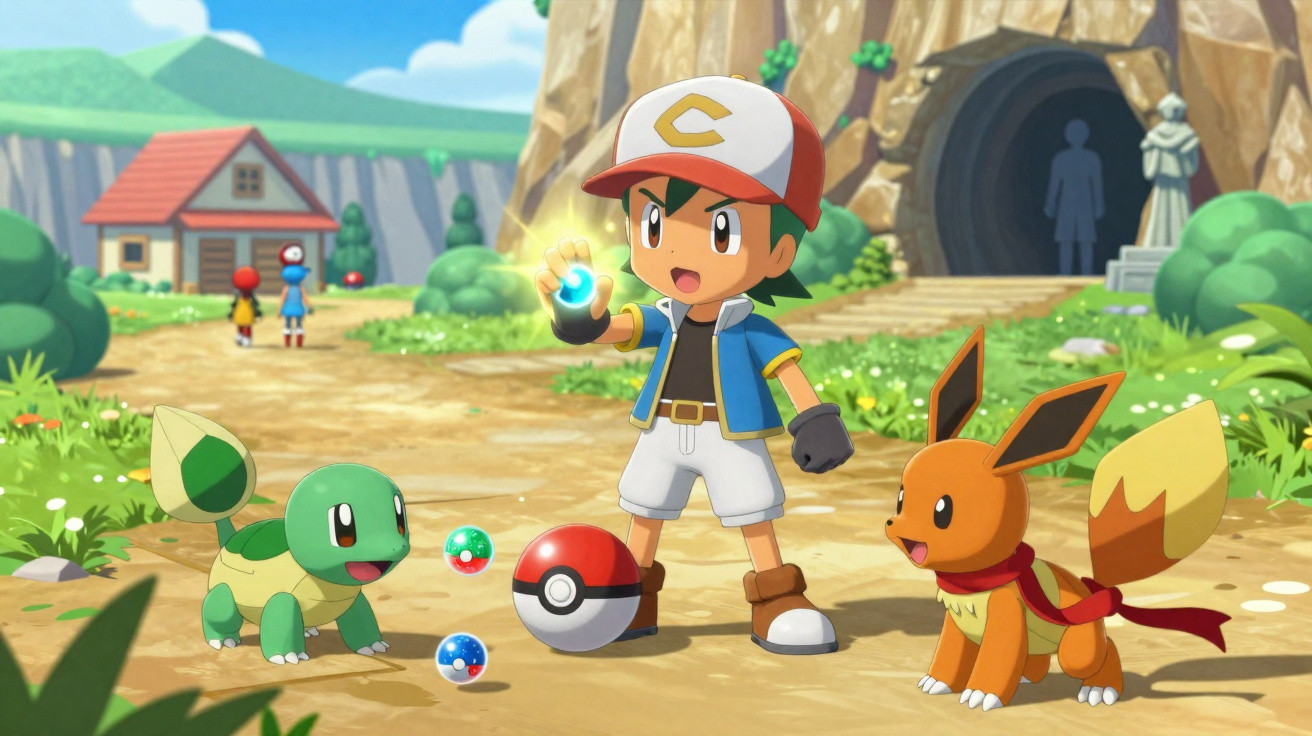 Personagem de videojogo com boné azul e branco, segurando esfera brilhante, ao lado de dois Pokémon em ambiente campestre.