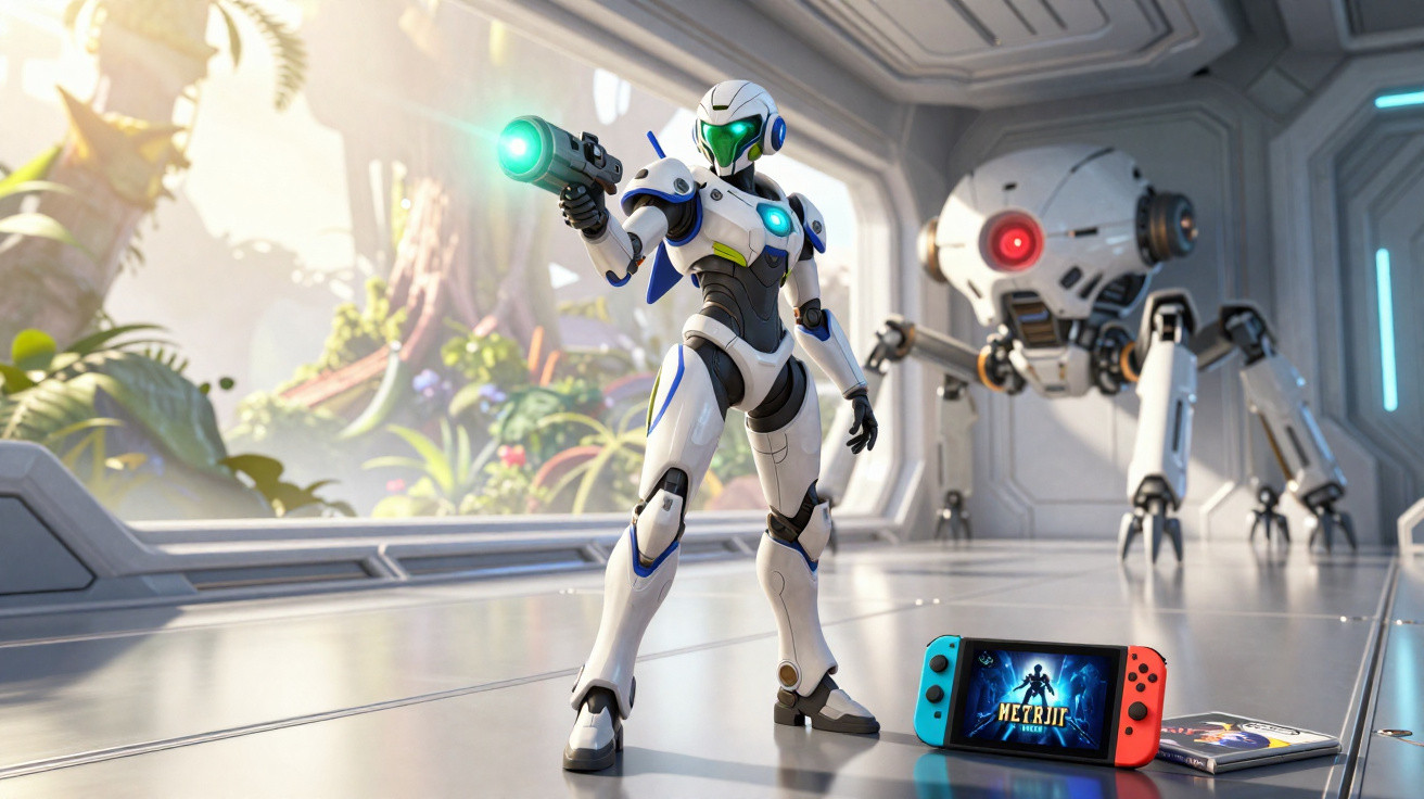 Figura futurista de robô com arma e consola de videojogos Metroid numa sala moderna com janela para floresta.