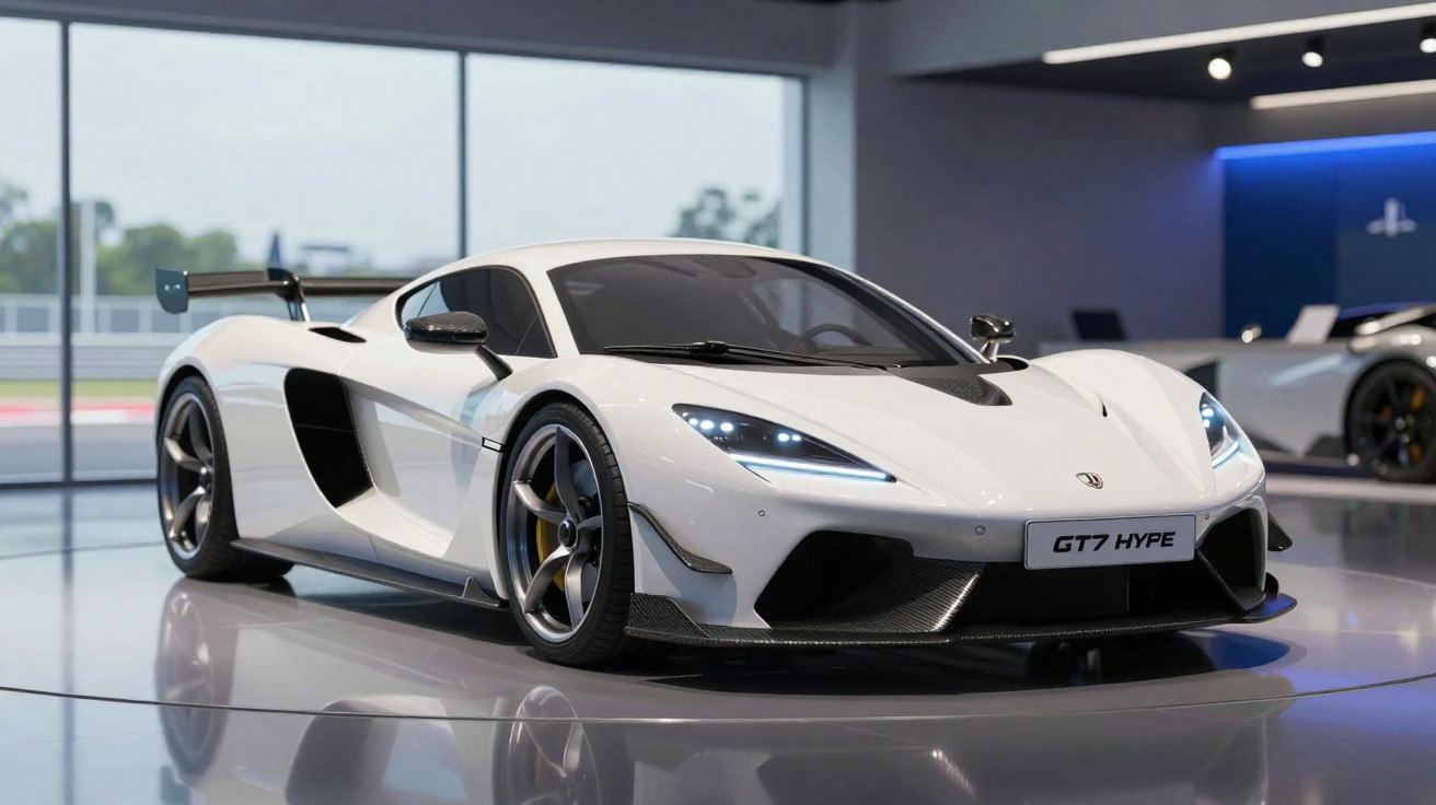 Carro desportivo branco McLaren GT7 Hype estacionado em exposição num salão moderno.