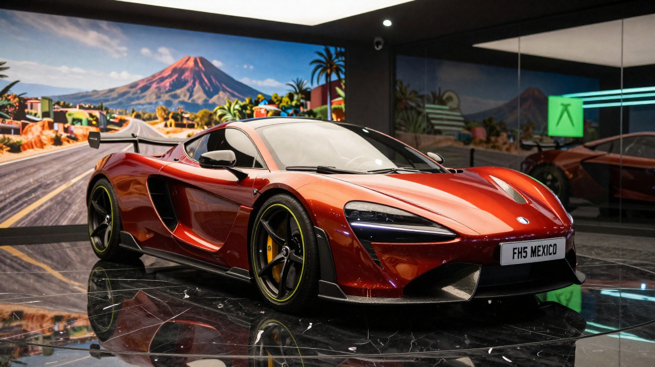 Carro desportivo vermelho brilhante estacionado num chão de mármore com uma parede pintada de vulcão ao fundo.