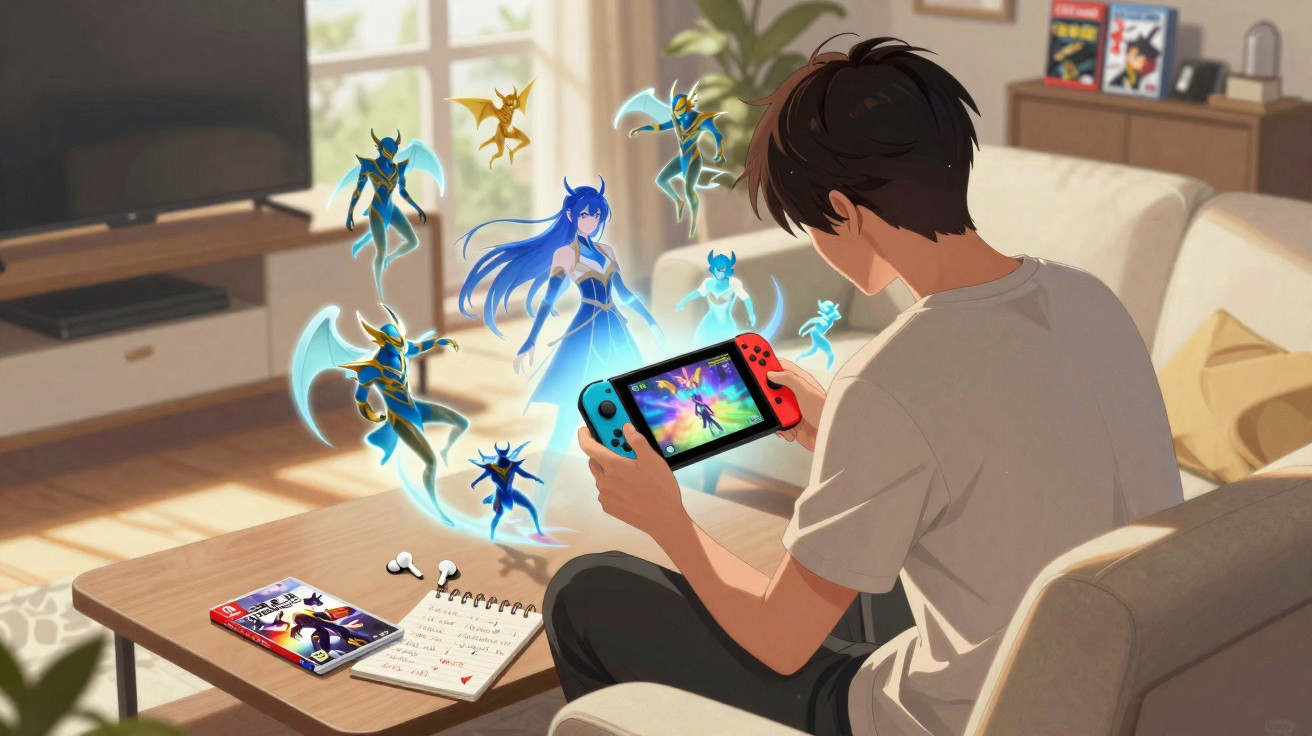 Jovem sentado no sofá a jogar videojogo com personagens fantásticas a surgir no ar à sua volta.