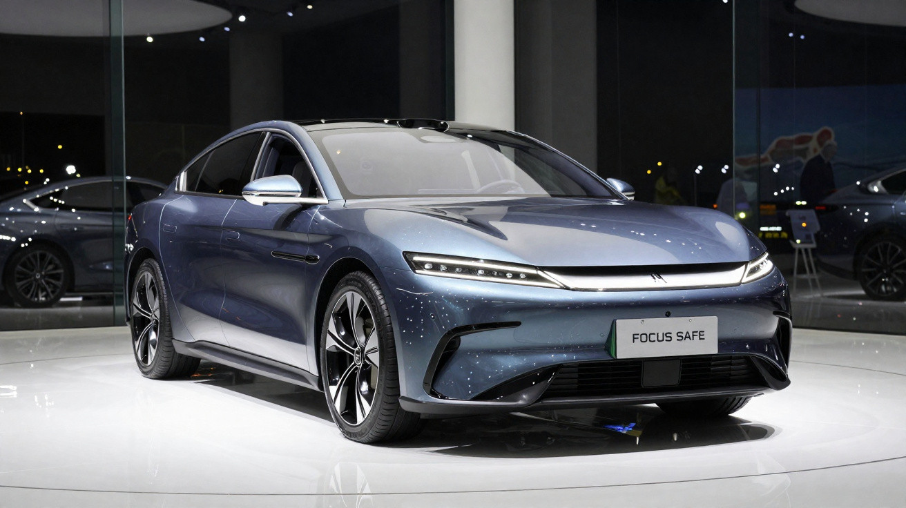 Carro elétrico azul metálico moderno exposto em plataforma branca com luzes refletidas no vidro.