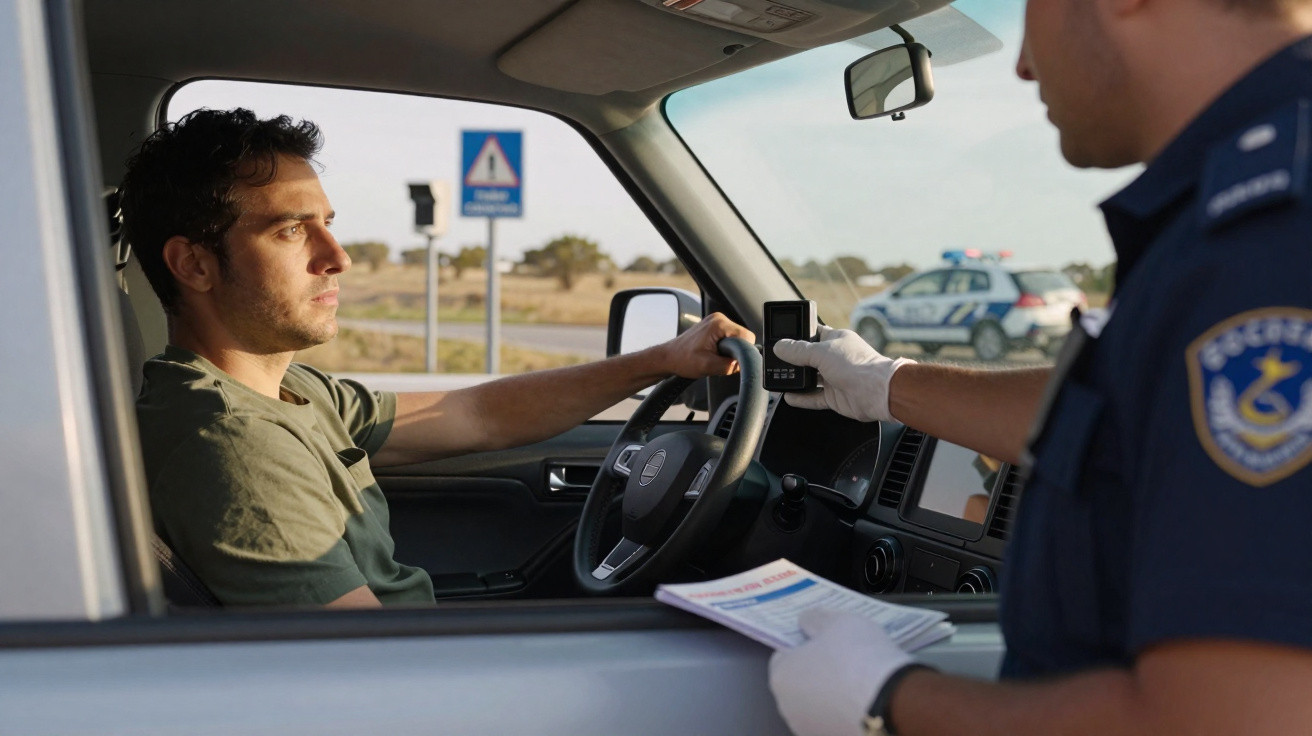 Homem ao volante do carro sendo pedido para realizar teste de alcoolemia por polícia rodoviária.