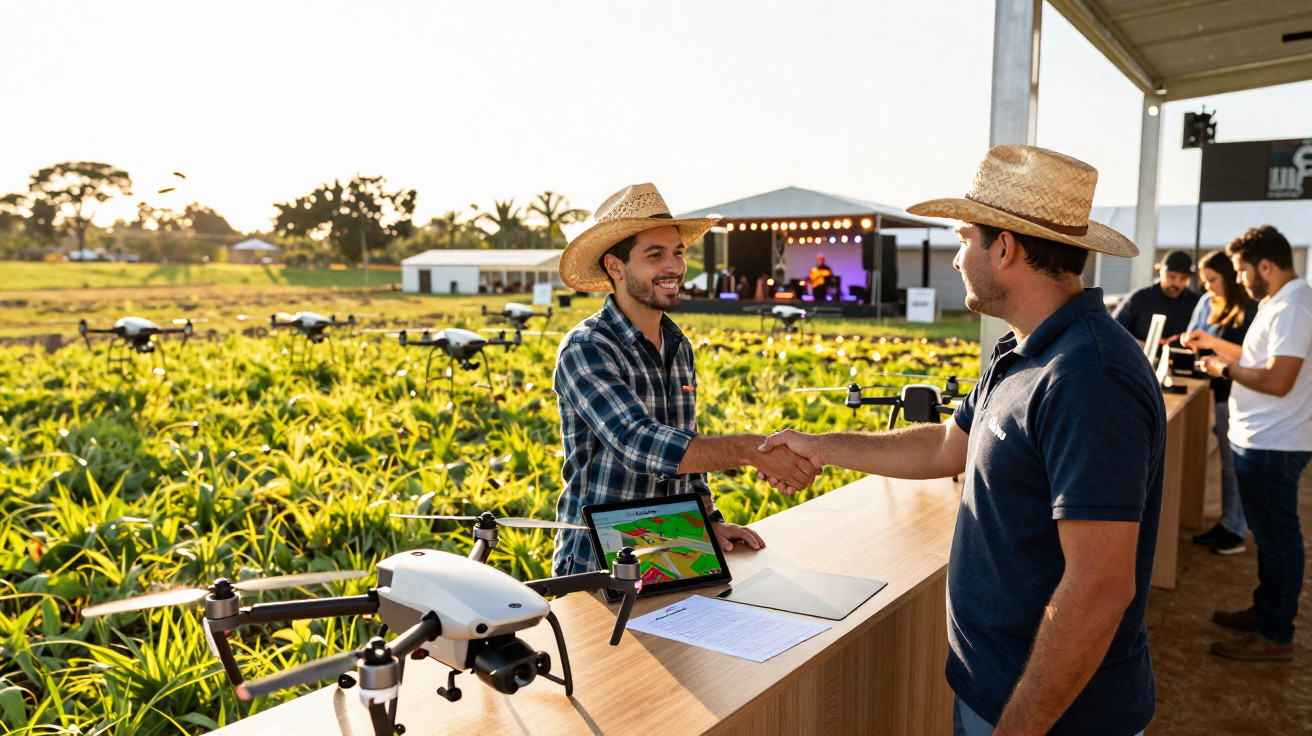 Dois agricultores com chapéus de palha apertam as mãos num campo com drones agrícolas e uma tela com monitorização.